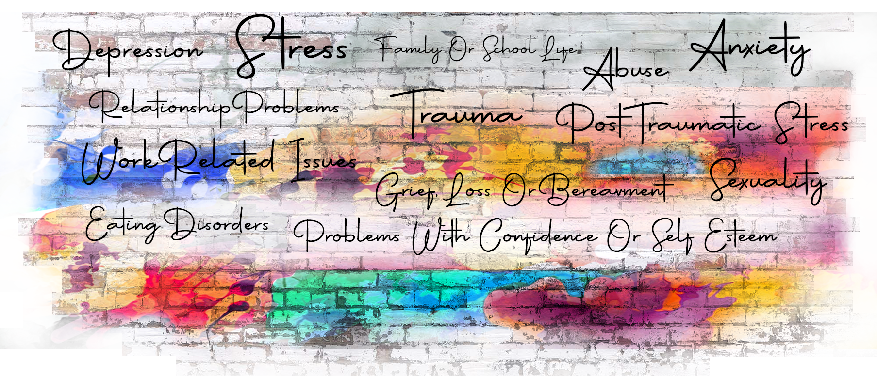Colourful graffiti-style text on a brick wall lists mental health challenges like depression, stress, and anxiety—highlighting the need for counselling in Maidstone Kent to support those facing these issues.