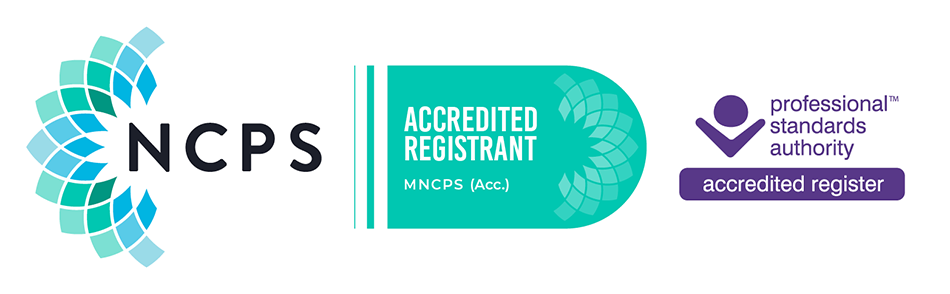 NCPS Accredited Registrant logo with stylised teal and blue leaf pattern, alongside the Professional Standards Authority’s purple accredited register badge.